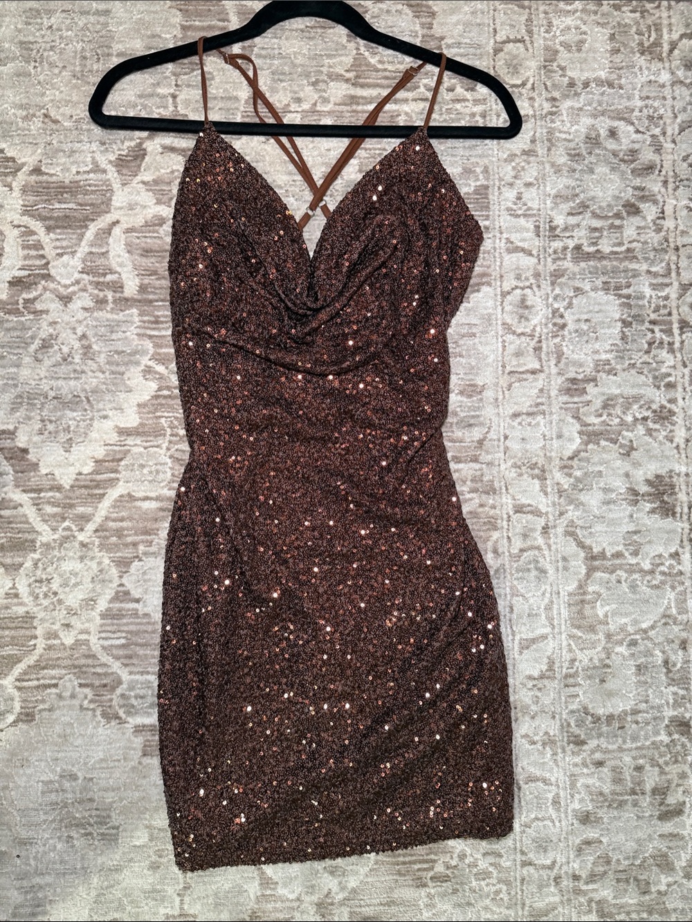 Forever 21 Brown Sequin Cowl Neck Mini Dress